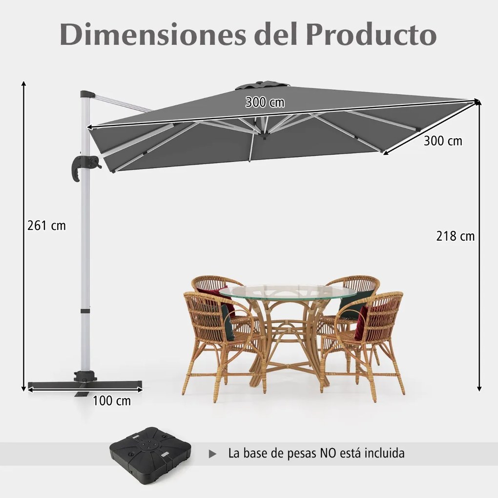 Guarda-sol quadrado de alumínio de 3 m com rotação de 360° e inclinação ajustável, resistente ao vento, para jardim, piscina, terraço Cinzento