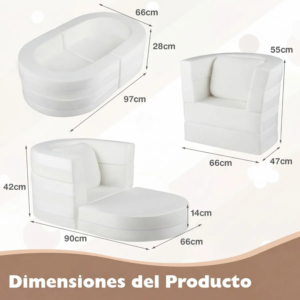 Sofá-cama 3 em 1 para crianças 66 x 47 x 55 cm, dobrável, com capas laváveis com fechos de correr e almofada com enchimento de espuma macia, para maio