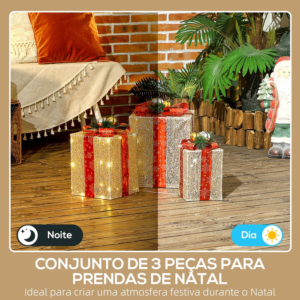 Conjunto de 3 Caixas de Presente de Natal com 58 LEDs Branco Quente Enfeites Luminosos para a Árvore de Natal Dourado
