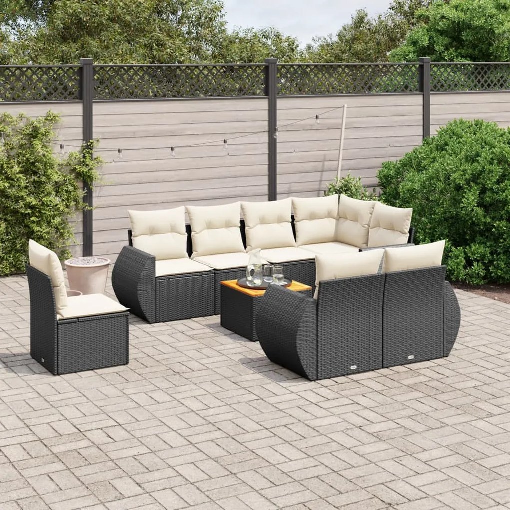 9 pcs conjunto de sofás p/ jardim c/ almofadões vime PE preto