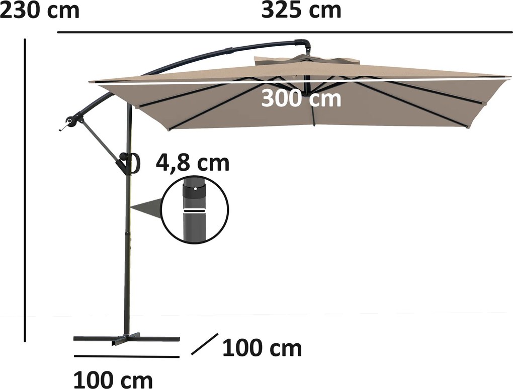 Guarda-sol de 3 x 3 m com manivela, base em cruz, inclinação e rotação de 360°, lona de 180 g/m² em tom cáqui