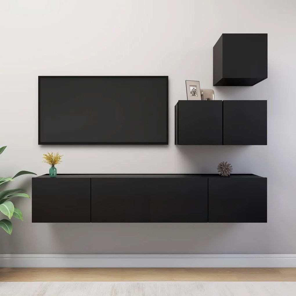 4 pcs conjunto de móveis de TV derivados de madeira preto
