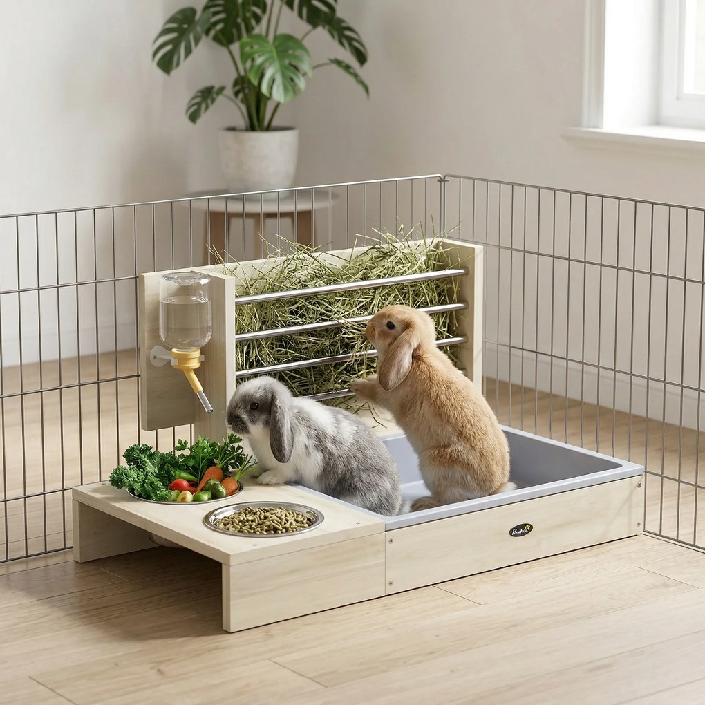 Comedouro de Feno para Coelhos com Bandeja, Alimentador de Feno em Madeira com Tigela de Aço Inoxidável e Bebedouro