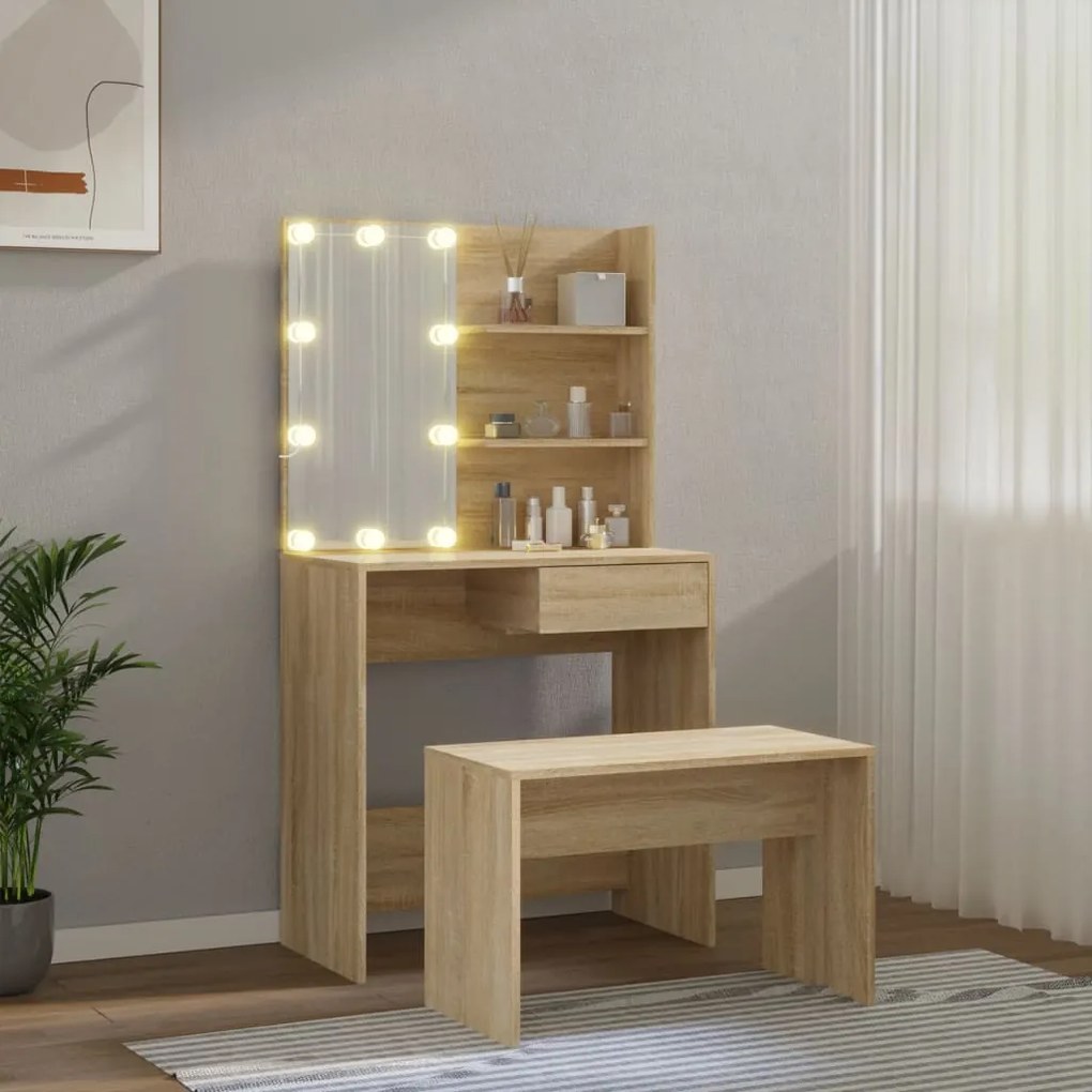 Toucador Lorraine com Luzes LED e Banco - Carvalho - Design Moderno