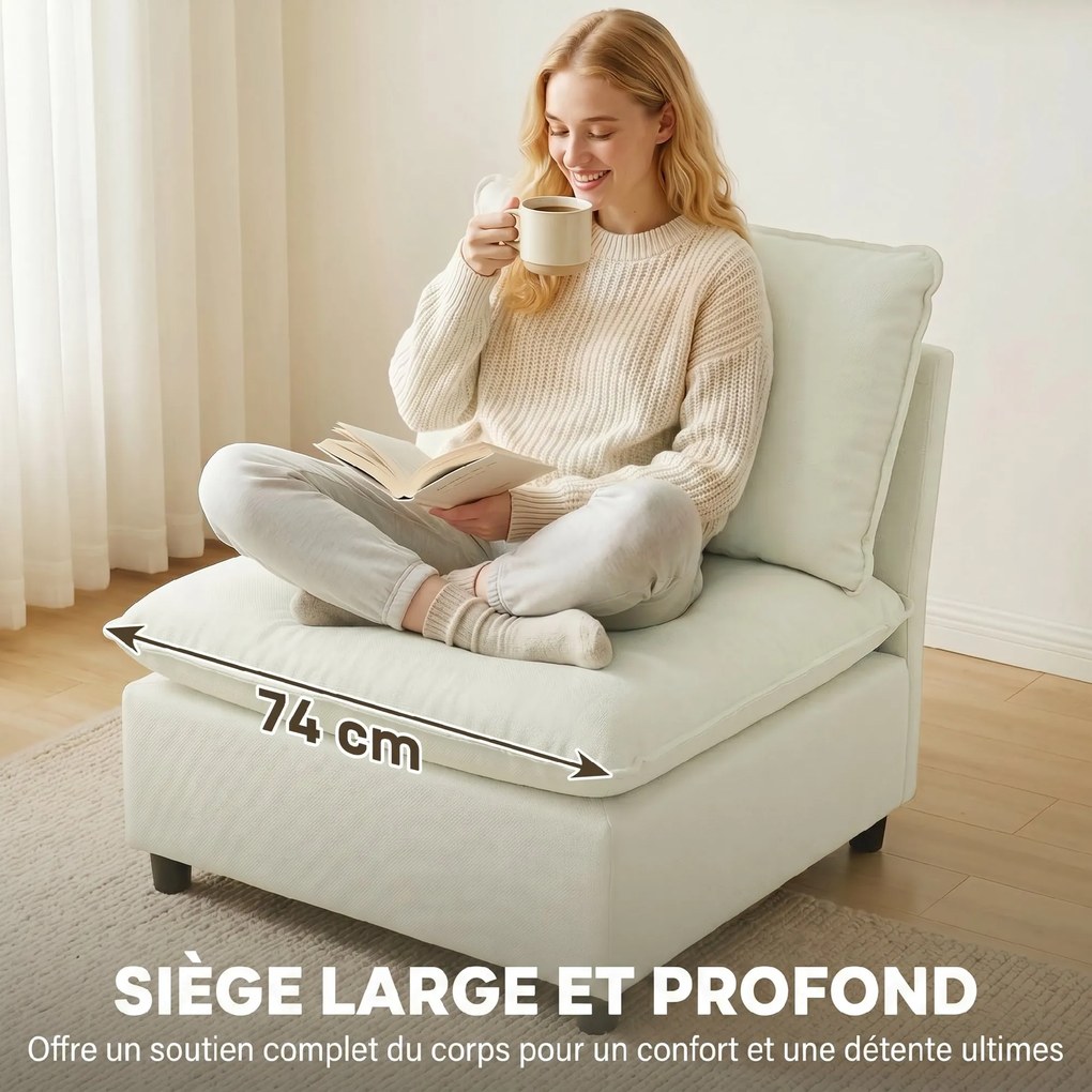 Poltrona de sala 146 x 85 x 78 cm moderno sem braços, com assento largo e almofadas grossas, creme