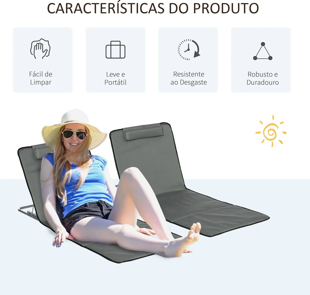 Conjunto de 2 Esteiras de Praia Dobráveis 124x53x50cm com Encosto Ajustável e Apoio para a Cabeça Esteira de Praia Tecido Oxford Aço com Bolsa de Tran