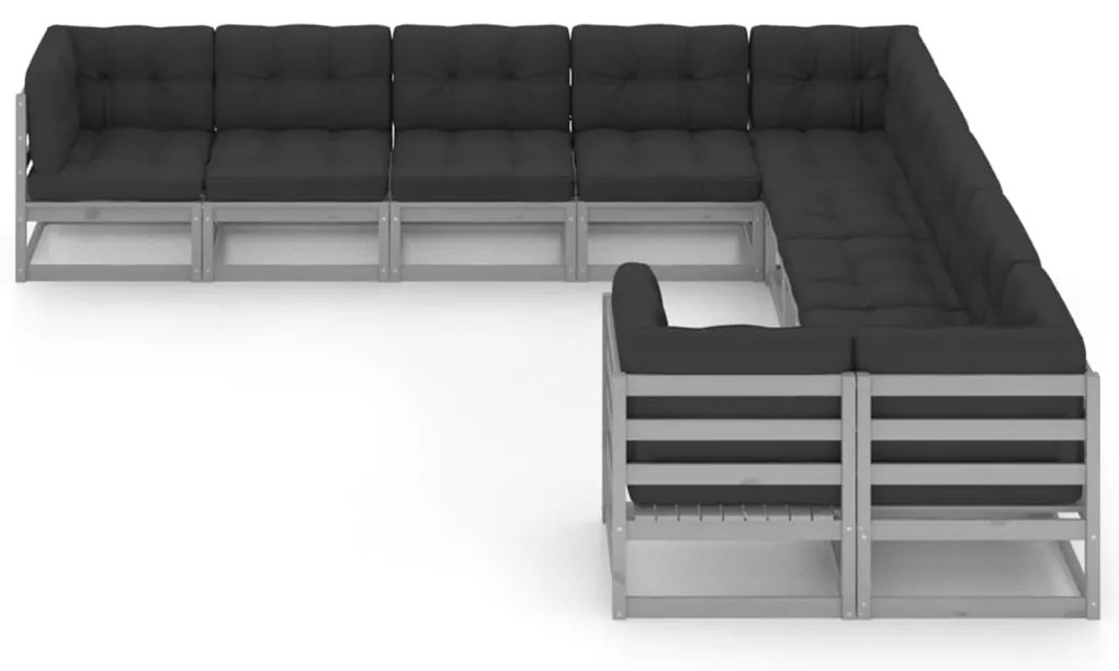 10pcs conjunto lounge de jardim + almofadões pinho maciço cinza