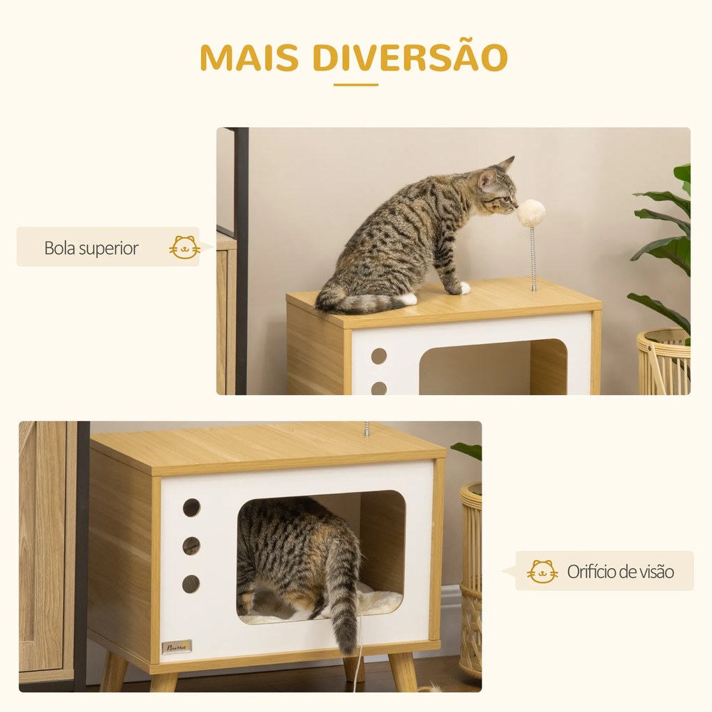 PawHut Mesa Auxiliar Cama Caverna para Gatos com Estilo Televisor Casa para Gatos com Almofada Suave Lavável Bola e Pés Elevados 50x28x43cm Carvalho