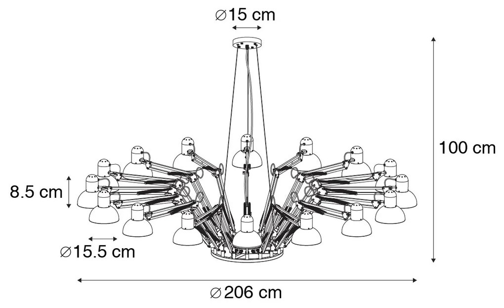 Candeeiro de suspensão industrial preto 16 luzes reguláveis - Hobby Spinne Industrial