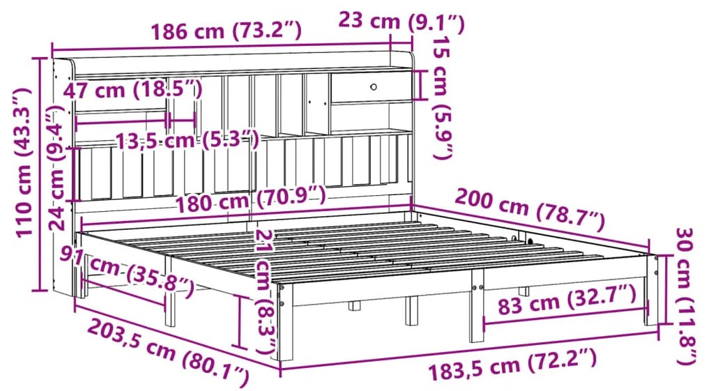 Cama com estante sem colchão 180x200 cm pinho maciço branco