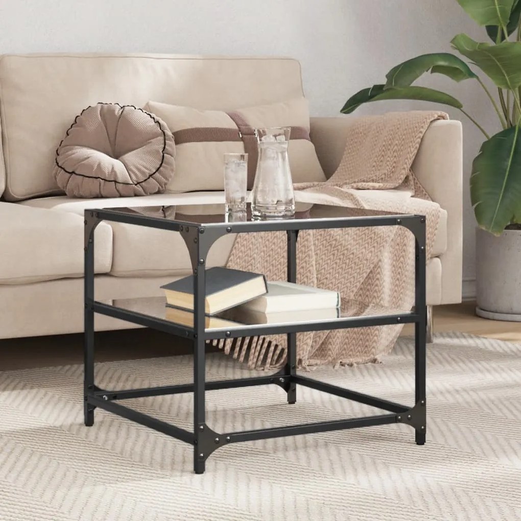 Mesa de centro com topo em vidro preto 50x50x45 cm aço