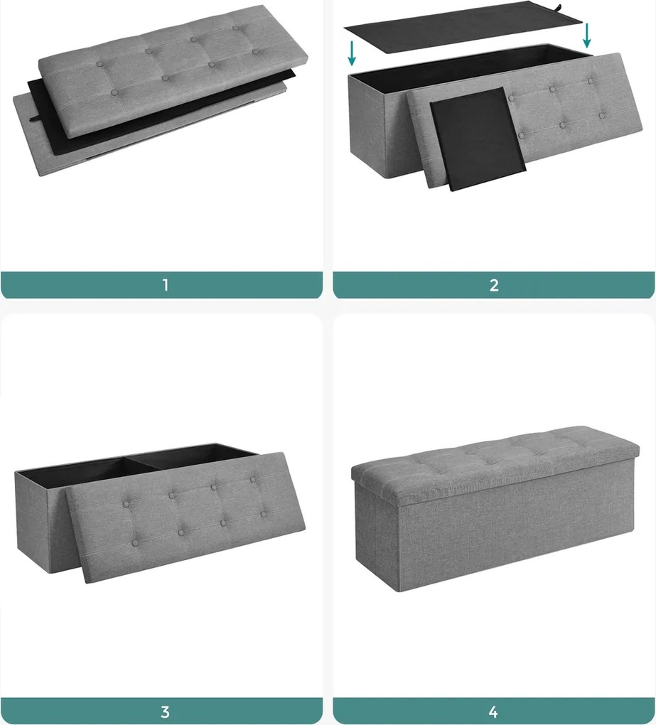 Banco com espaço de arrumação, dobrável, 110 x 38 x 38 cm, cinzento claro