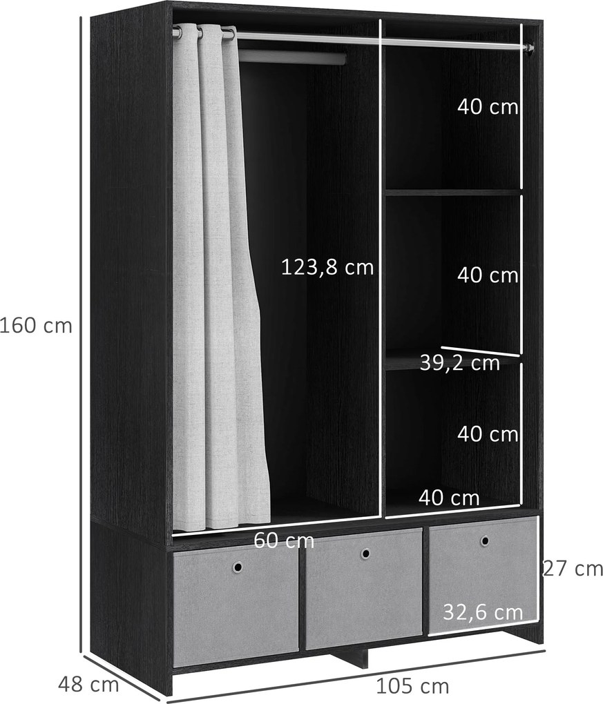 Guarda Roupa com barra para cortinas 105 x 48 x 160 cm, 3 compartimentos abertos e 3 gavetas de tecido removíveis, preto, cinzento