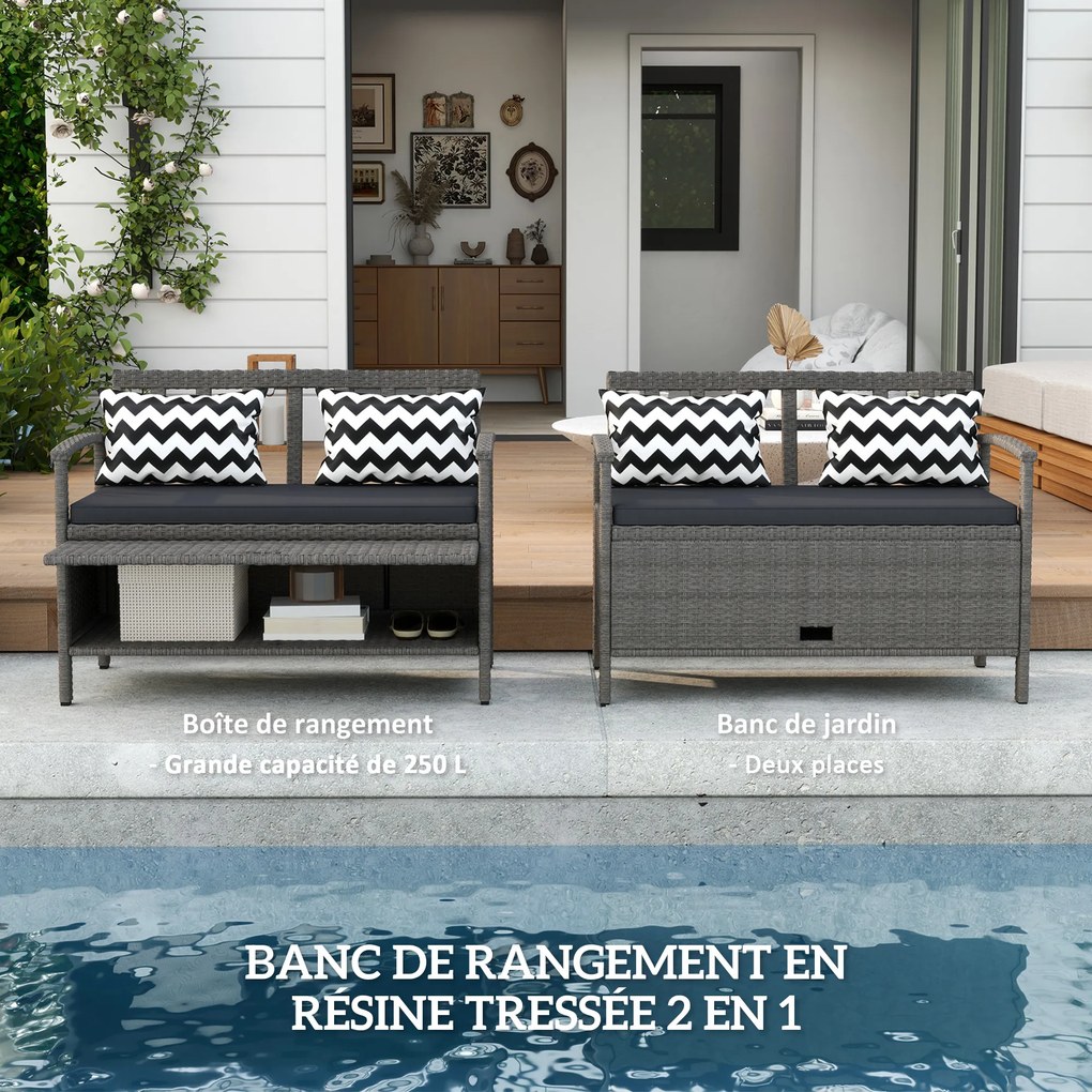 Banco de jardim 112 x 62 x 82 cm de 2 lugares com arrumação de 160 L em rattan PE, com almofada e 2 travesseiros, , cinzento