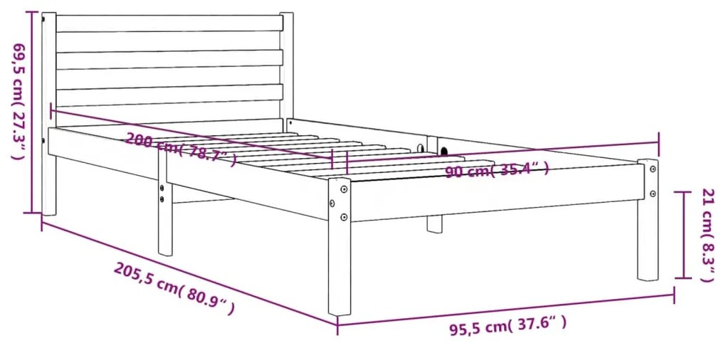 Estrutura de cama 90x200 cm madeira pinho maciça castanho cera