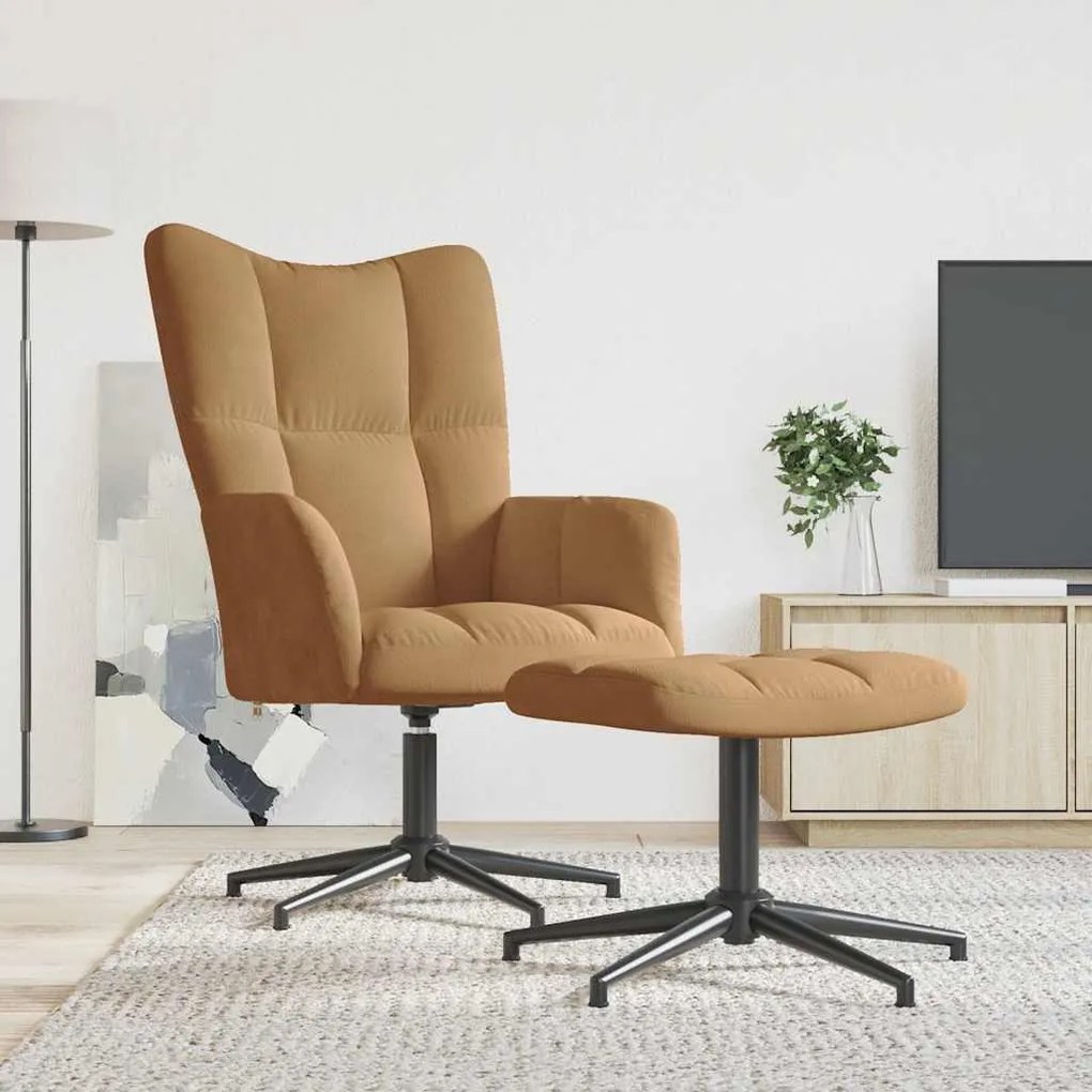 vidaXL Cadeira de descanso com banco veludo castanho