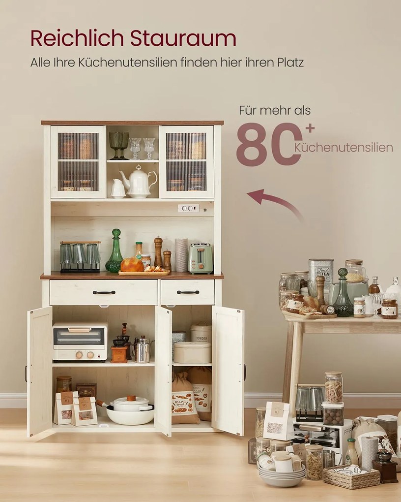 Armário de arrumação cozinha com iluminação e estação de carregamento em estilo rústico 39,5 x 106,5 x 180,6 cm Branco