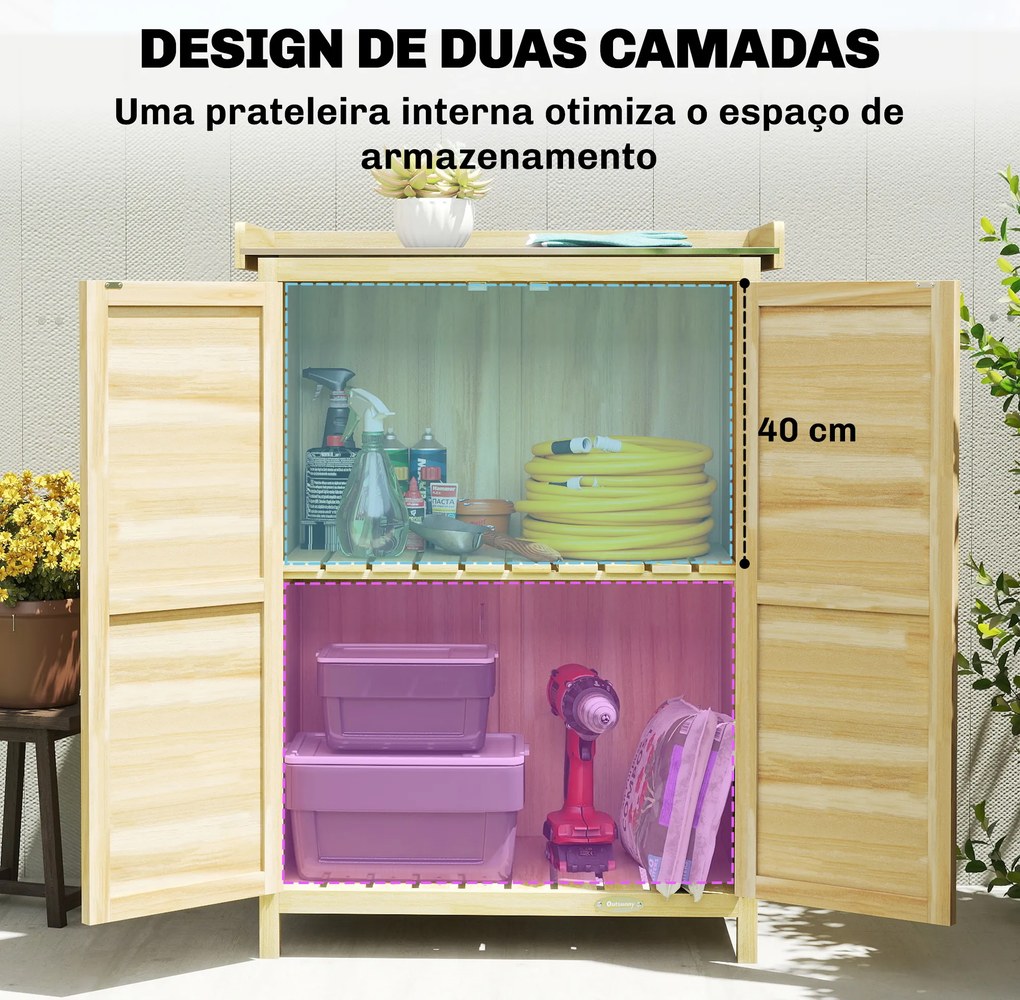 Armário de Jardim em Madeira com Teto de Metal Prateleiras e Ganchos para Armazenamento de Ferramentas 71,5x39x95 cm Natural