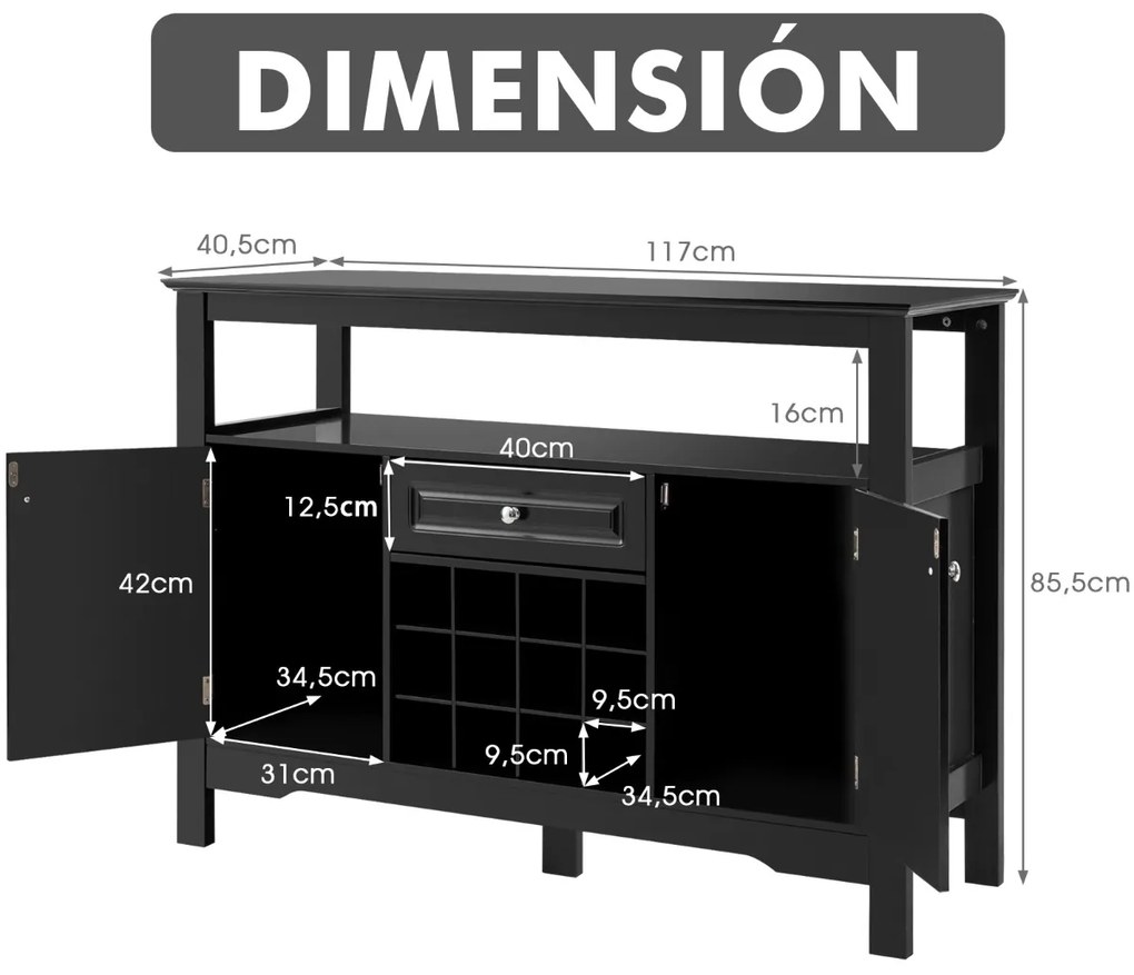 Armário de cozinha Despensa com suporte para garrafas de vinho com 2 armarios de jantar 117 x 40,5 x 82,5 cm Preto