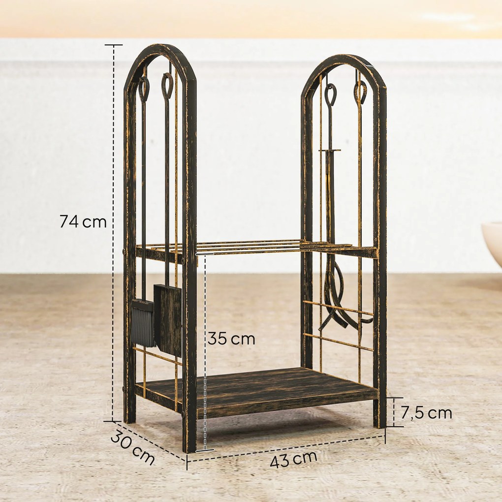 Porta-Lenha Metálico de 2 Níveis com 4 Ferramentas para Lareira e Ganchos 43x30x74 cm Castanho Escuro