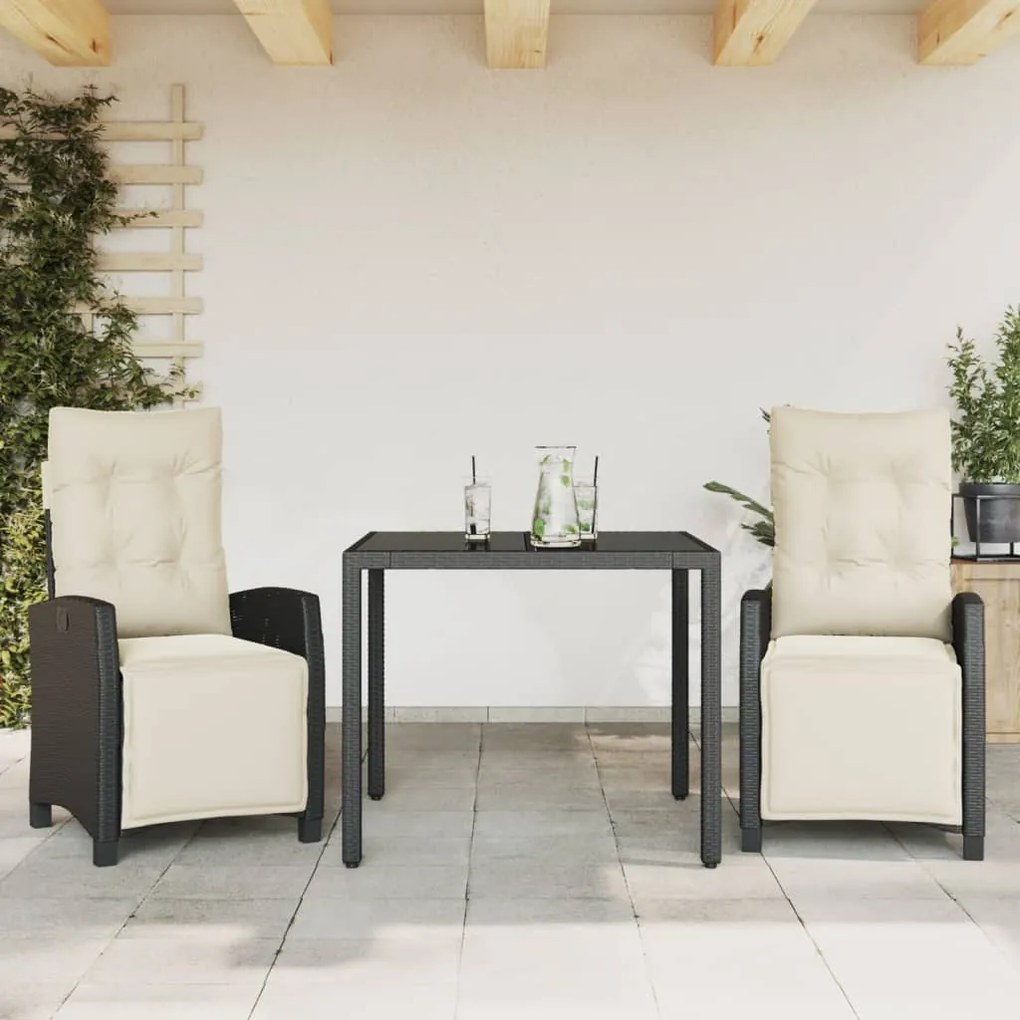 vidaXL 3 pcs conjunto de jantar p/ jardim c/ almofadões vime PE preto