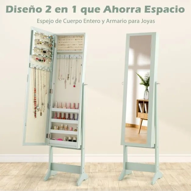 Armário para joias com espelho de corpo inteiro  35 x 30 x 144 cm e 3 ângulos ajustáveis Organizador de joias 2 em 1 Verde
