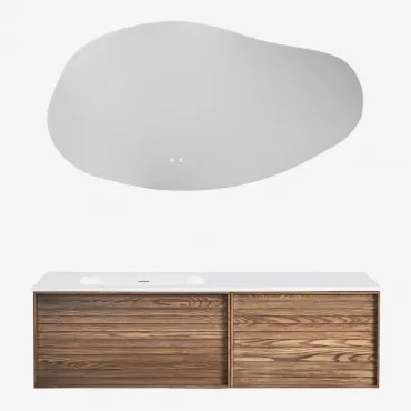 Conjunto De Móveis De Banheiro Em Madeira Solea Com Pia Integrada Madeira Natural & Led Irregular E Antiembaciamento 140x75 Cm Riben & Sem Torneira -