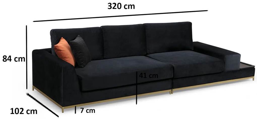 Sofá de 4 Lugares Line – Preto e Dourado – 320 x 102 x 84 cm