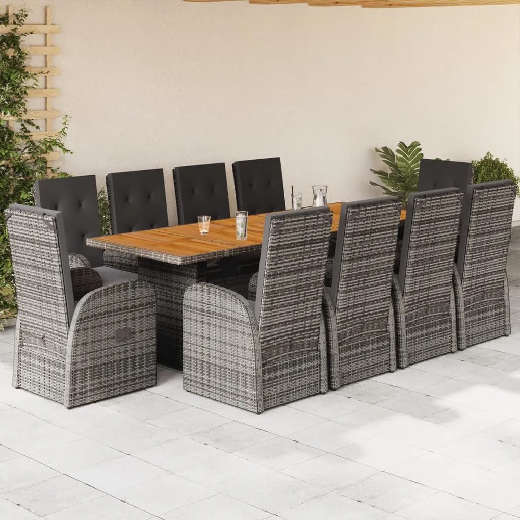 vidaXL 11 pcs conjunto jantar p/ jardim c/ almofadões vime PE cinzento