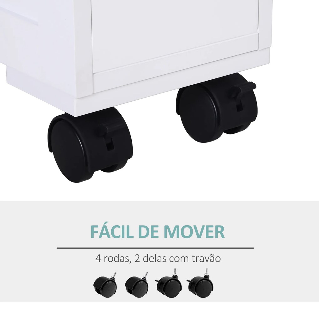 Armário Casa de Banho para Espaços Reduzidos com 4 Rodas Prateleira Aberta e Gavetas 16x52x71,5 cm Branco