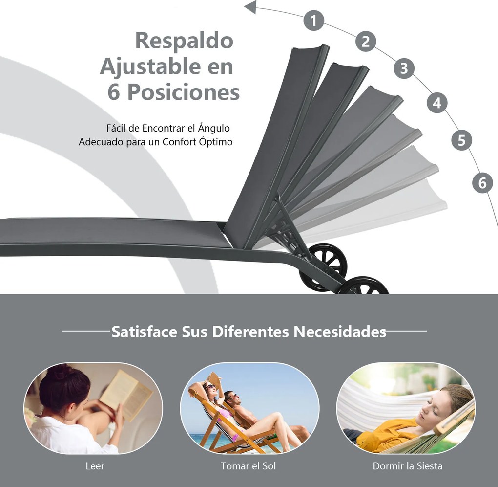 Conjunto de 2 espreguiçadeiras com rodas, tecido de secagem rápida e encosto reclinável em 6 posições, para exterior, piscina, pátio e jardim, cinzent