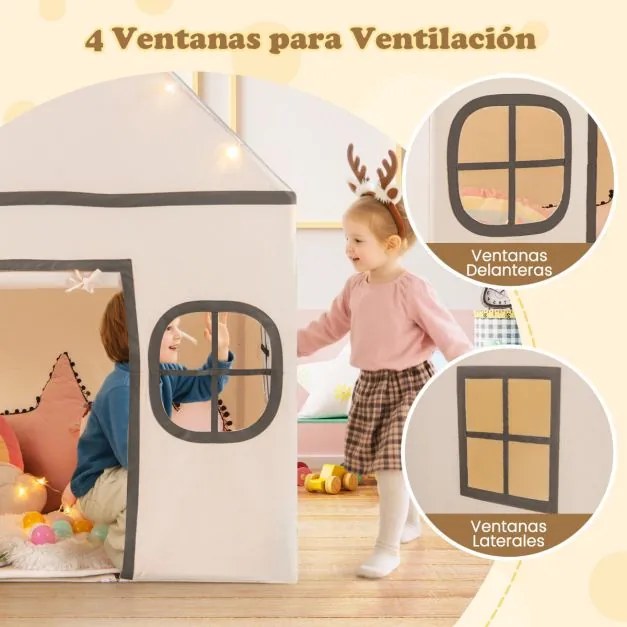 Casa de brincar para crianças para interior 120 x 101 x 143 cm, com luzes de estrelas e tapete acolchoado a partir dos 3 anos Bege + Café