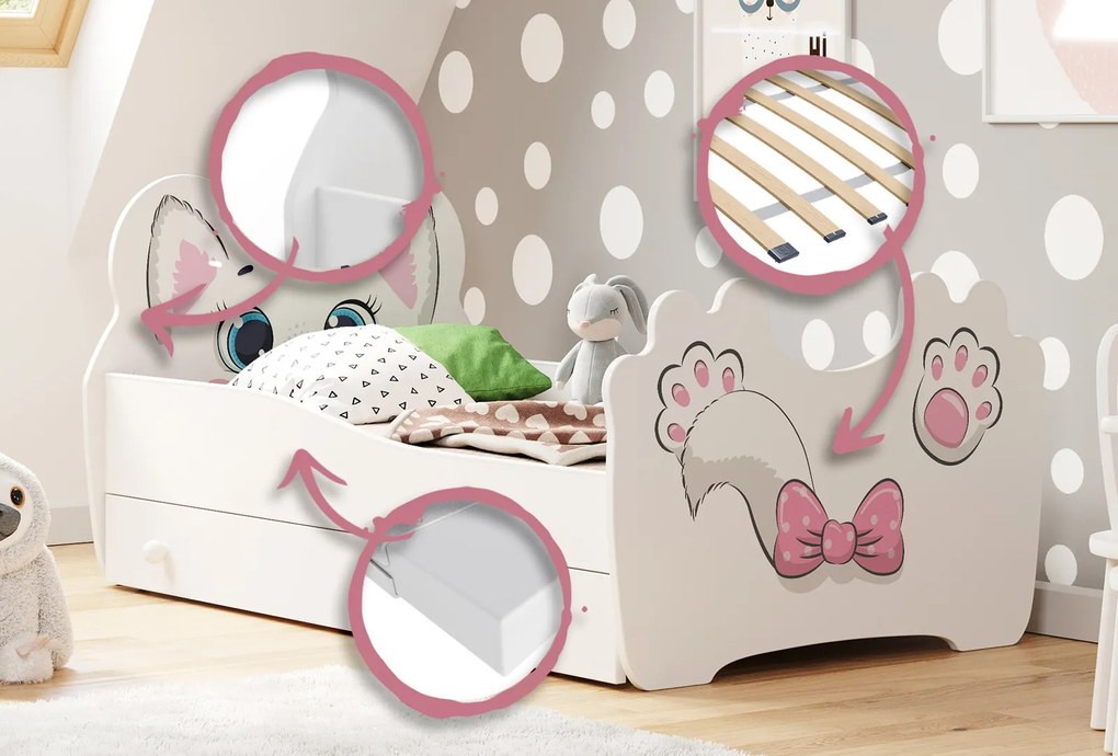 Cama infantil gato 160x80 com gaveta branca - colchão e estrado incluído
