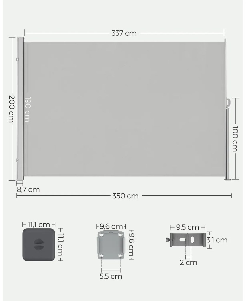 Toldo lateral extensível 200 x 350 cm para varanda Cinzento claro