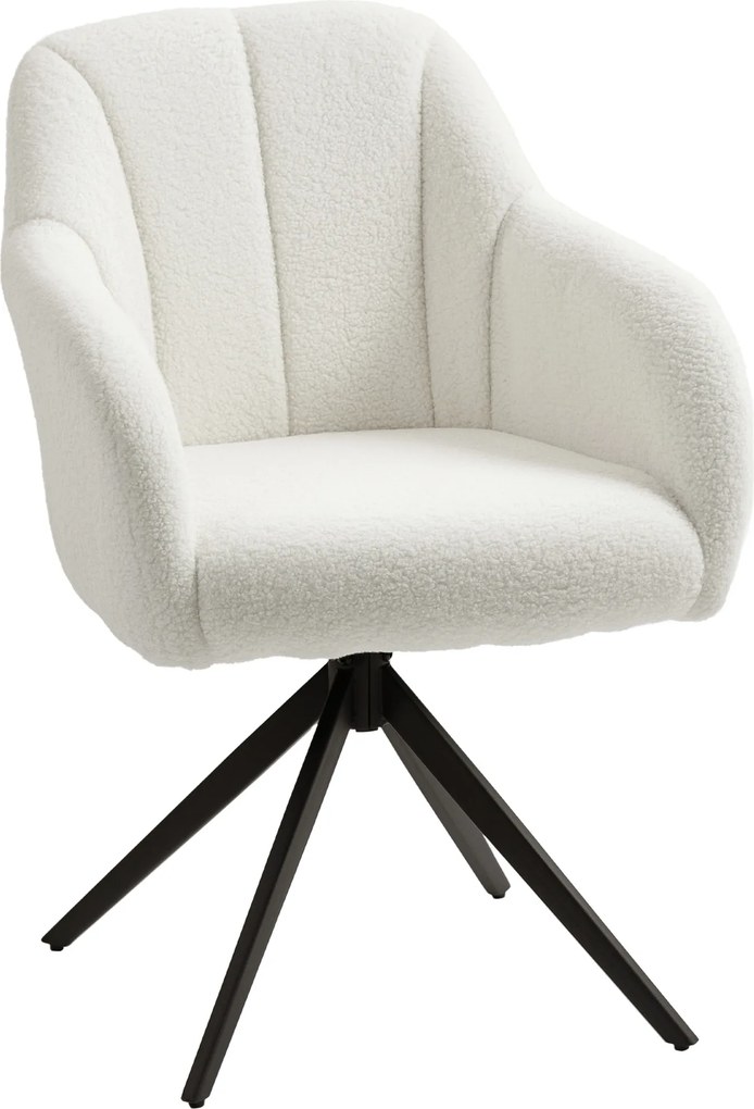 Poltrona de sala giratória, banco toucador estofada e de grande conforto, com base em aço e tecido com efeito de pelúcia branca
