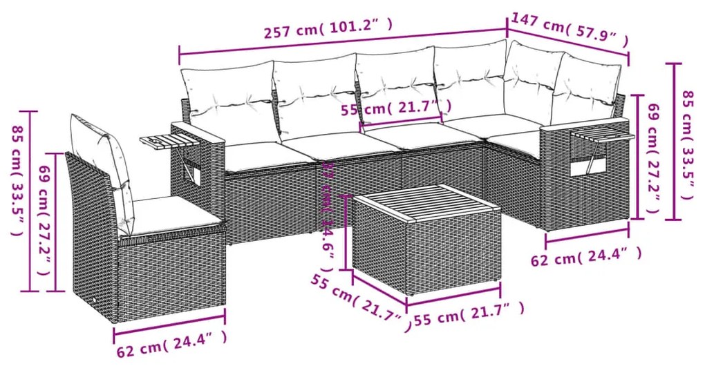 7 pcs conjunto de sofás p/ jardim com almofadões vime PE bege