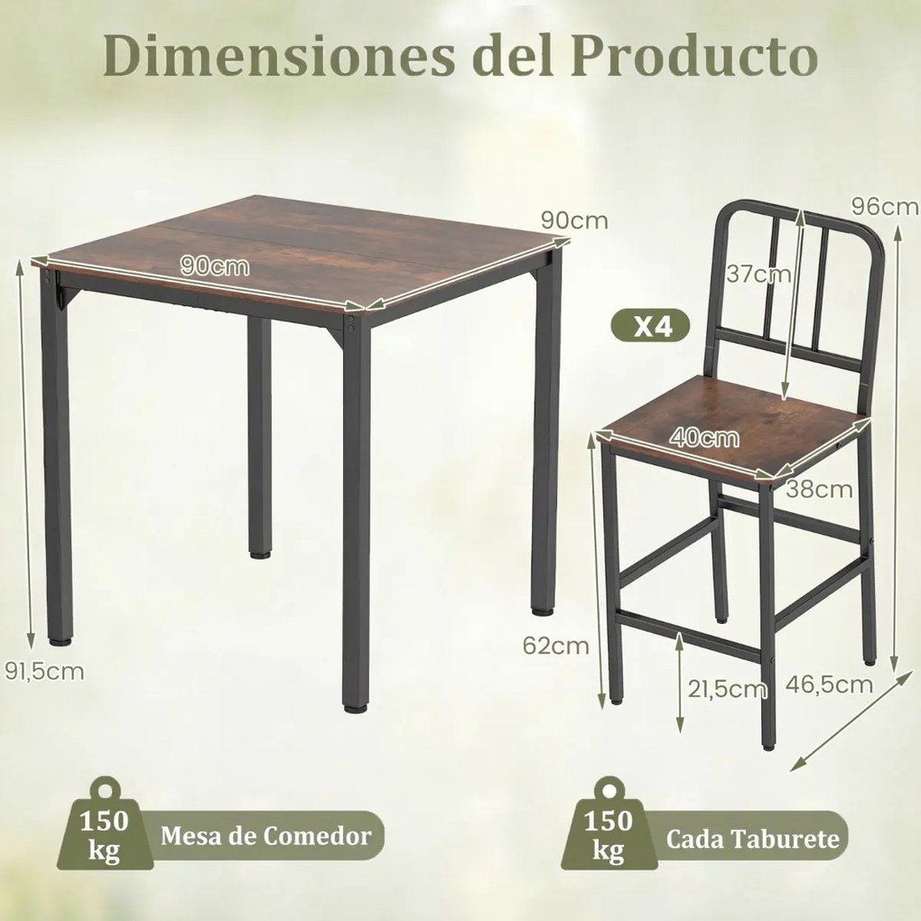 Conjunto de mesa de jantar alta e 4 bancos para 4 pessoas com estrutura metálica, mesa quadrada de estilo industrial Castanho Rústico e Preto