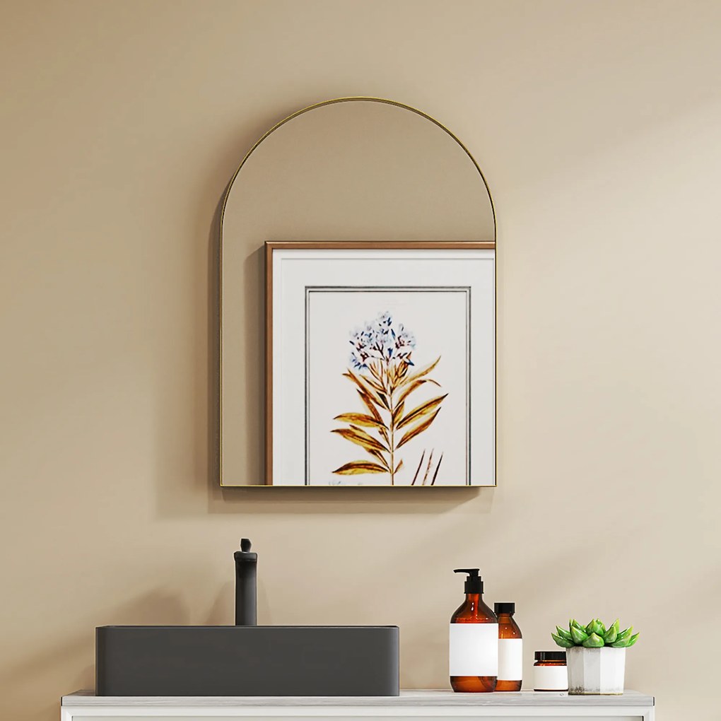 Espelho de parede arqueado com moldura em liga de alumínio 50 × 70 cm, dourado