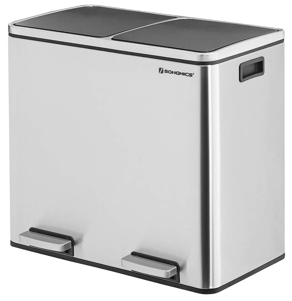 Caixote de cozinha duplo, 2 x 24 L, pedal, fecho suave, cor prateada