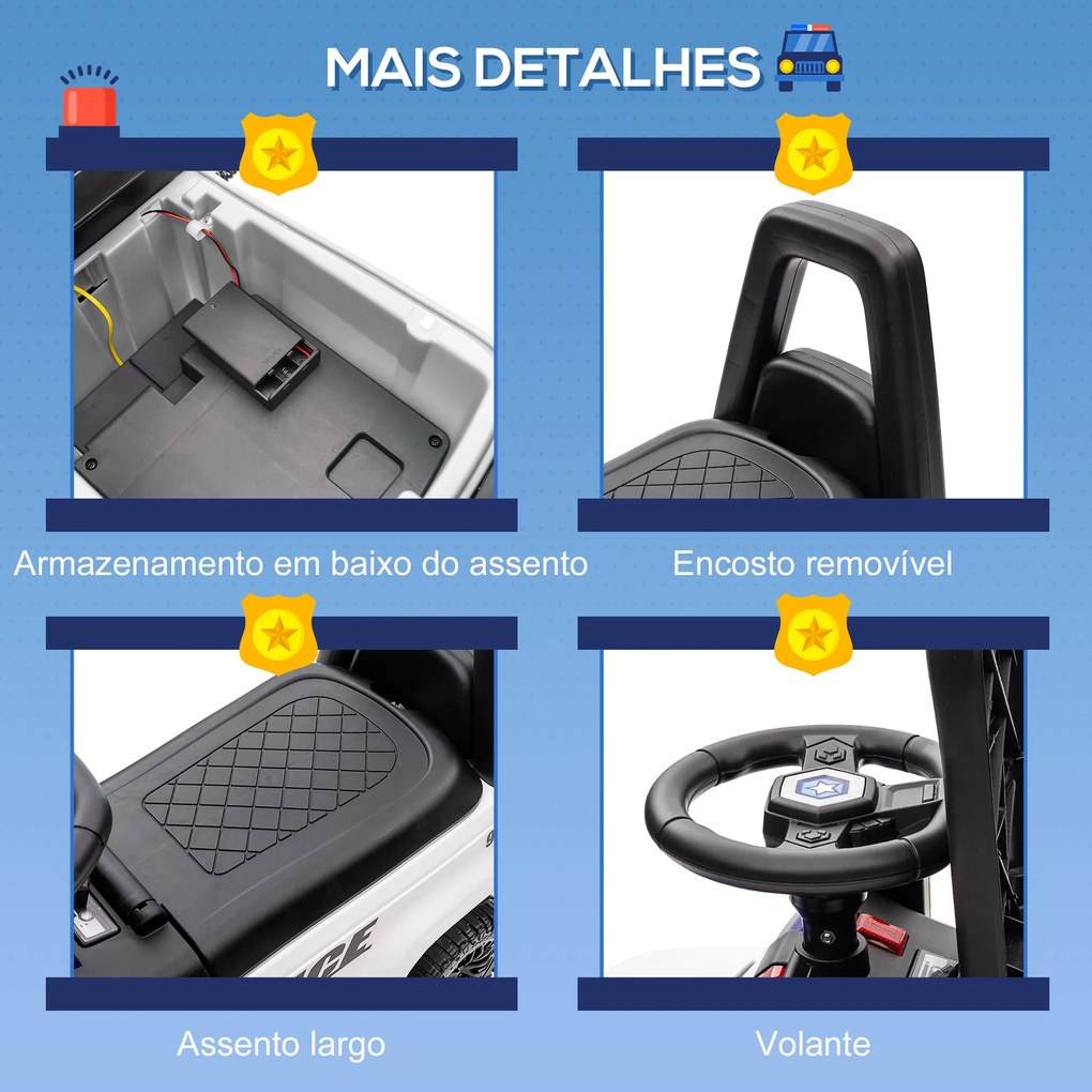 HOMCOM Carro Andador de Policia para Bebé de 18-60 Meses Carro sem Pedais com Buzina Megafone Compartimento de Armazenamento e Encosto Removível 62x29x43cm Branco
