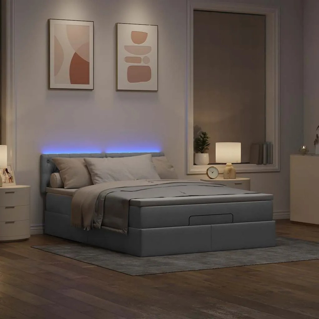 Cama Otomana com Colchão &amp; LEDs Cinzento Claro 140x190cm Tecido
