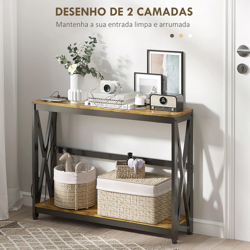 Mesa Consola de Estilo Industrial Mesa de Entrada de 2 Níveis com Estação de Carregamento 100x24x75 cm Castanho Rústico