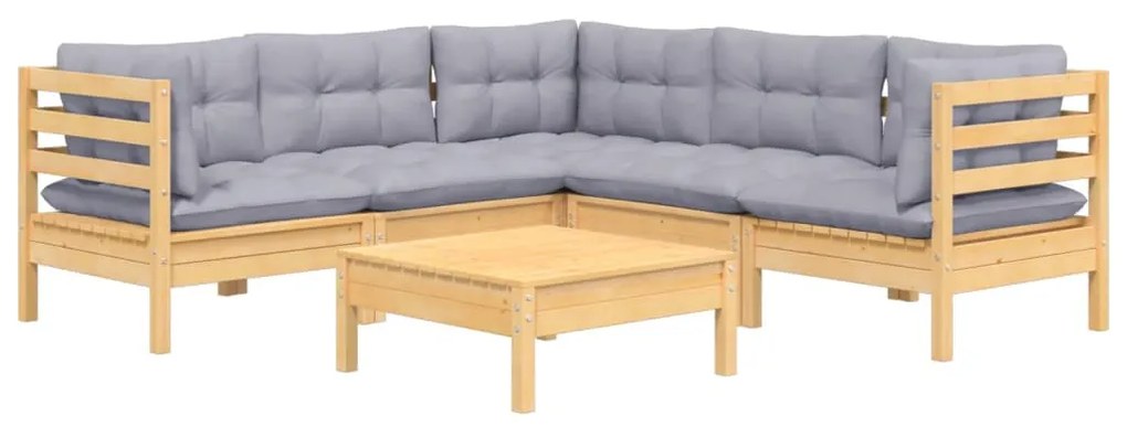 6 pcs conjunto lounge de jardim + almofadões cinza pinho maciço