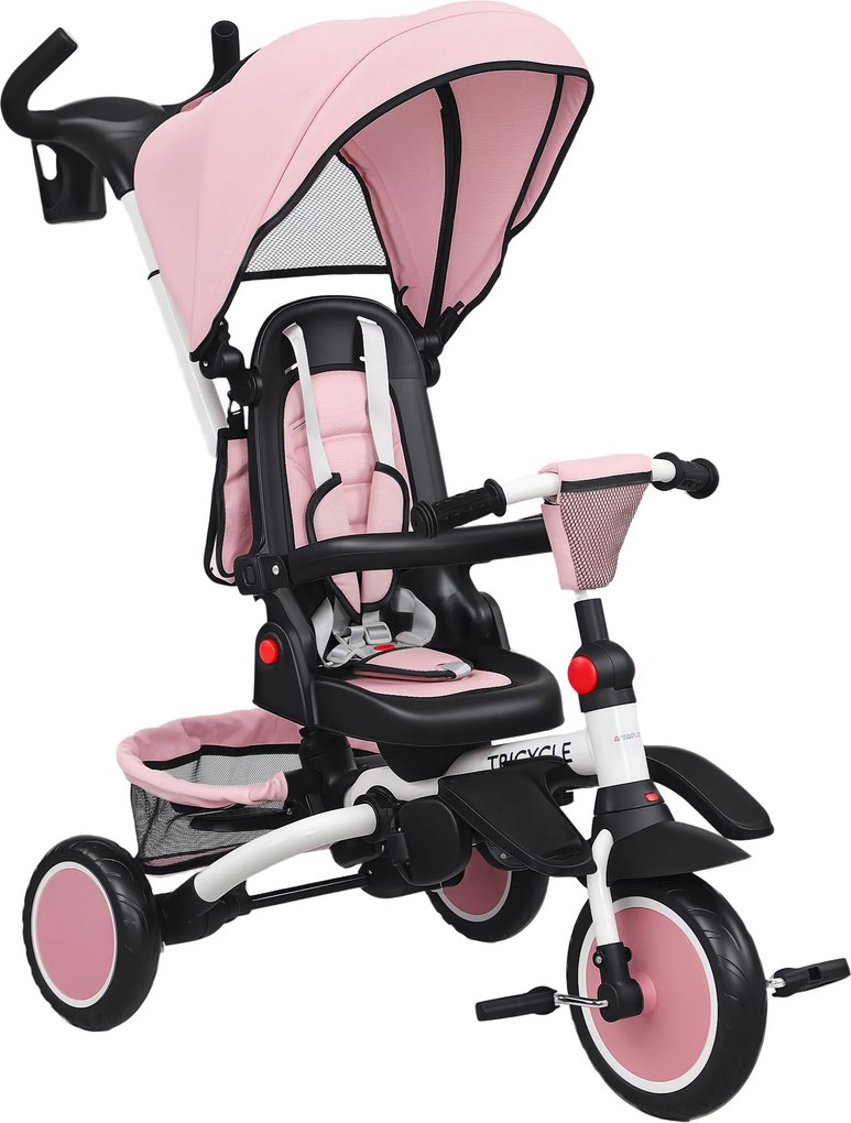 AIYAPLAY Triciclo Evolutivo 6 em 1 Dobrável Assento Giratório 360° Barra Parental Encosto Reclinável Toldo Rosa | Aosom Portugal