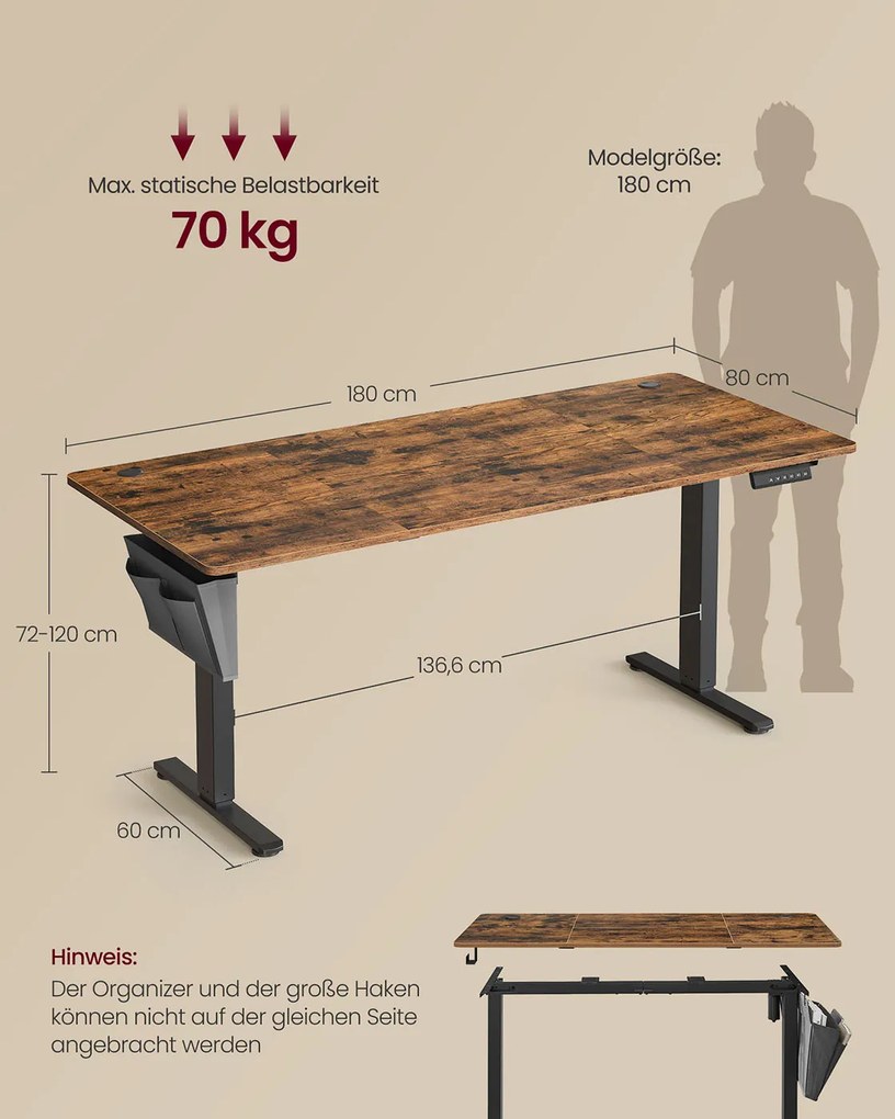 Secretária eléctrica regulável em altura 80 x 180 x (72-120) cm Castanho vintage