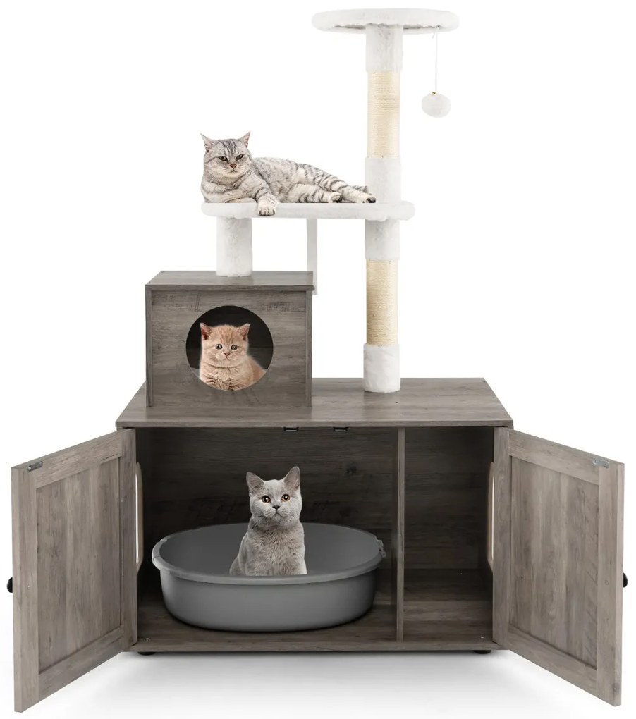 Caixa de areia para Gatos 2 em 1 com arranhador para Gatos, com esconderijo e divisão 77,5 x 49 x 132 cm Cinzento