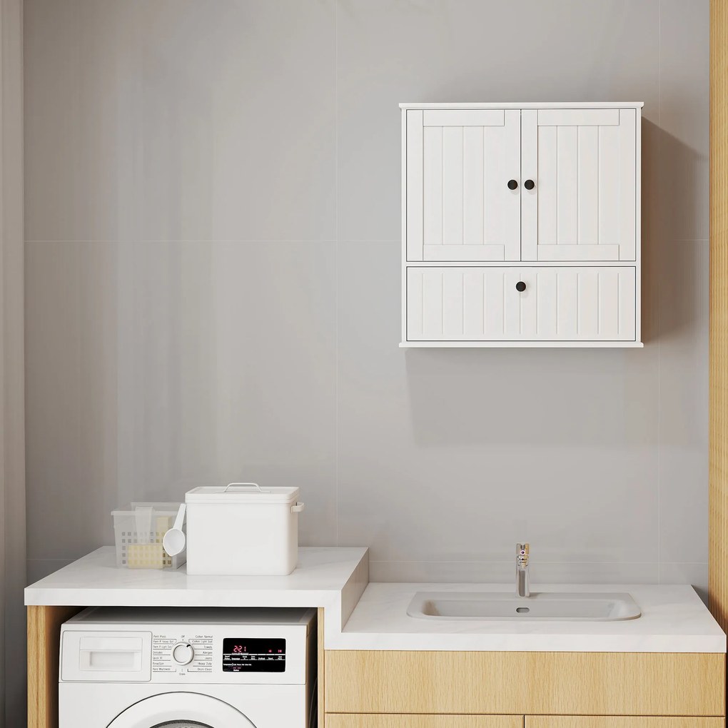 Armário Casa de Banho de Parede Rústico com Prateleira Ajustável Dupla Porta Porta Basculante e Fecho Magnético 60x19,5x60 cm Branco