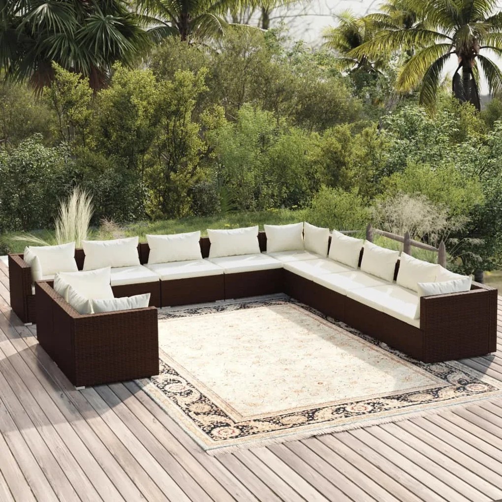 11 pcs conjunto lounge de jardim c/ almofadões vime PE castanho