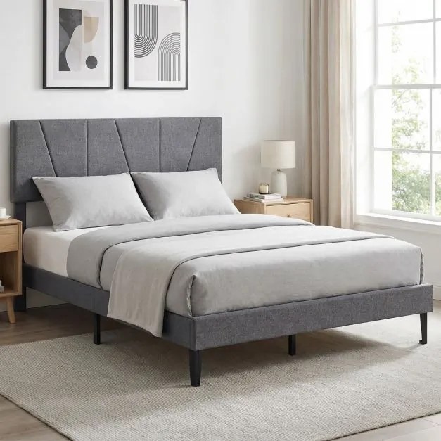 Estrutura de cama 140 x 200 cm (COLCHÃO NÃO INCLUIDO) com plataforma estofada, cabeceira geométrica ajustável em altura e ripas de madeira cinza