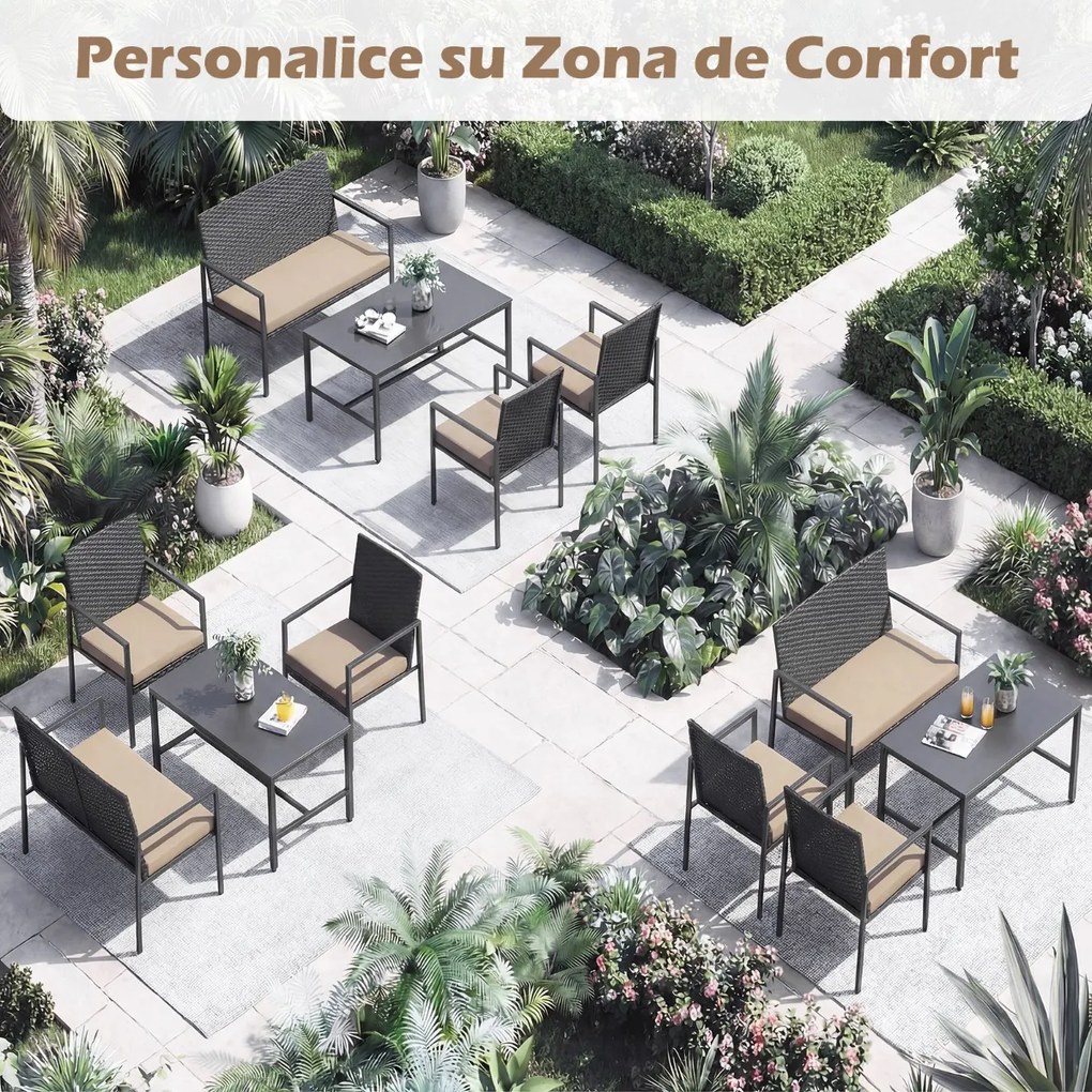 Conjunto de jardim de 4 peças em rattan para exterior: cadeiras, sofá, mesa de café em vidro temperado e almofadas macias; ideal para jardim, alpendre